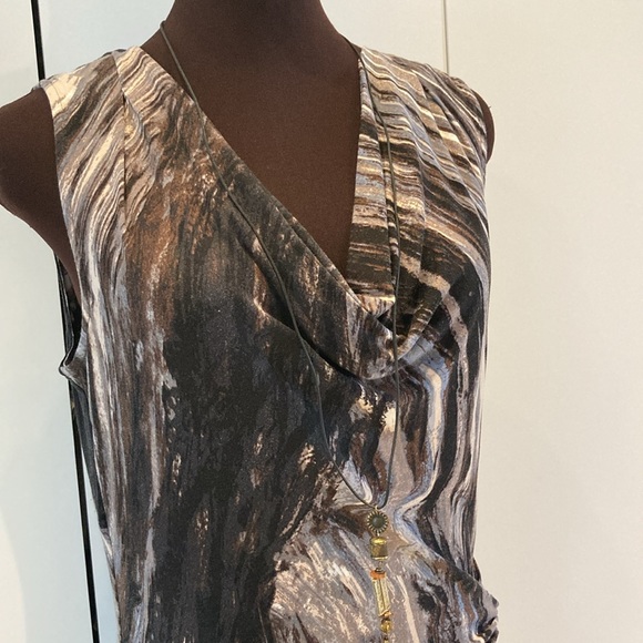 NICE +ZOE abstract neutral color sleeveless cinched dress L - Picture 2 of 16